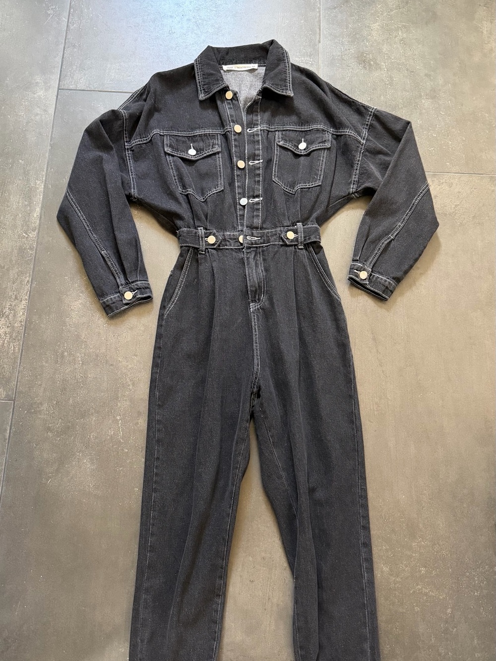12th Tribe Black Denim Jumpsuit with Front Button Closure